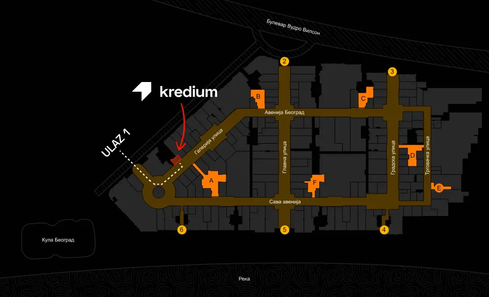 Map of the mall showing how to get to Krediums sales center