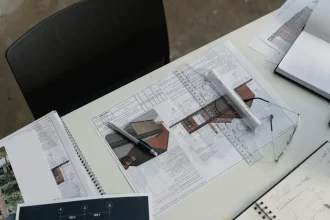 An image of a table and chair with documents on it.
