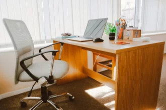 An image of an office desk and chair.